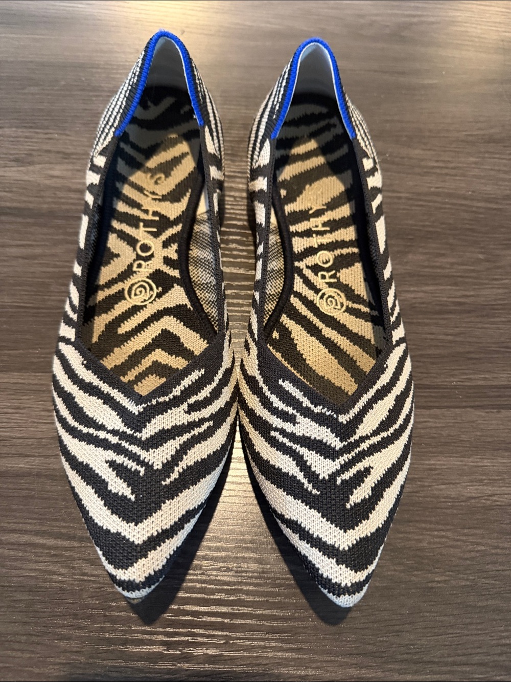 Rothy's Zebra-Print Pointed Knit Flats in Black, White & Blue Trim